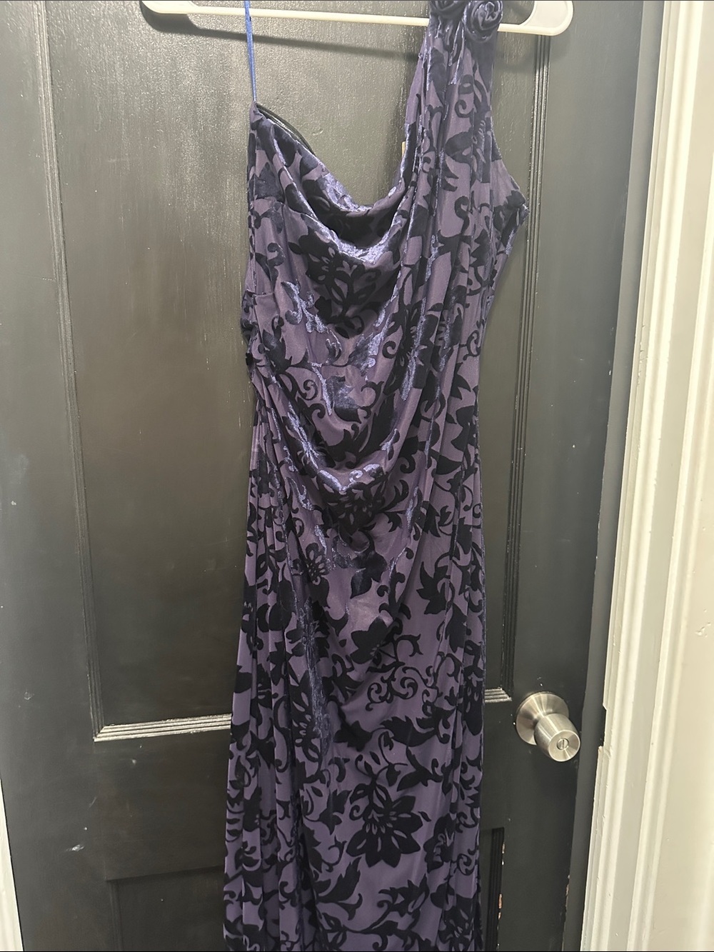 Taylor One-Shoulder Purple Dress with Black Floral Velvet Print